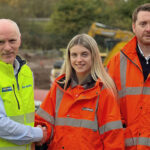 Balfour Beatty and Flannery Plant Hire celebrate operator training milestone L-R: Andy Ormerod; Abigail Cleverley; and Patrick Flannery