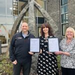 Tillicoultry Quarries celebrates ISO 14001 and 45001 certification Presentation of certificates to Tillicoultry Quarries' Scott McDonald and Shona Syme