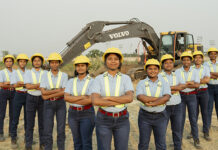 Volvo expands Iron Women initiative to address global skills shortages Female plant operators standing in front of Volvo excavator