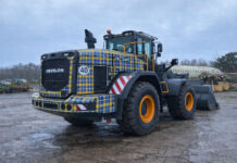 Tartan-branded loading shovel to raise money for MND research at ScotPlant 2026 Loading shovel in Doddie Weir tartan