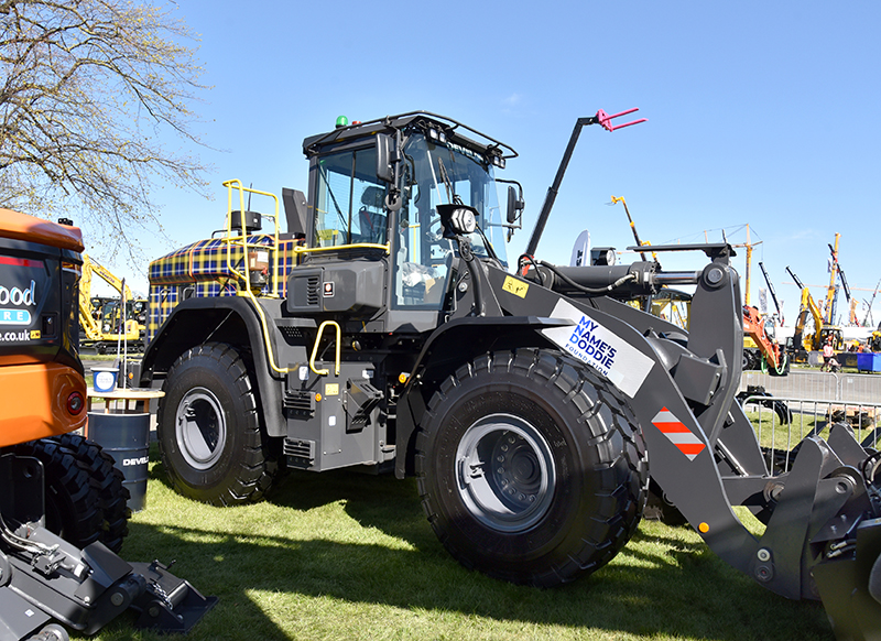 Wheel loader at ScotPlant with Doddie Weir tartan