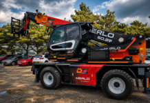‘Striking’ Merlo rotating telehandler shows its steel on first project Merlo telehandler with custom black wrap