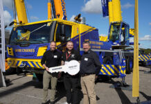 Wire Cranes buys UK’s first LTM 1090-4.3 Crane handover. Lyle Sibbald (Liebherr GB); Andy Unsworth (Wire Cranes); and Richard Everist (Liebherr GB)