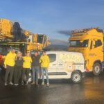 Stoddart Crane Hire helps take Sophie’s Story across the Highlands Keith Mason, Kerri MacDonald, Lizzie Mason, Ewan Stoddart and Karen Mason standing alongside the Sophie’s Story van donated by Stoddart Crane Hire