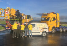Stoddart Crane Hire helps take Sophie’s Story across the Highlands Keith Mason, Kerri MacDonald, Lizzie Mason, Ewan Stoddart and Karen Mason standing alongside the Sophie’s Story van donated by Stoddart Crane Hire