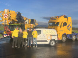 Stoddart Crane Hire helps take Sophie’s Story across the Highlands Keith Mason, Kerri MacDonald, Lizzie Mason, Ewan Stoddart and Karen Mason standing alongside the Sophie’s Story van donated by Stoddart Crane Hire